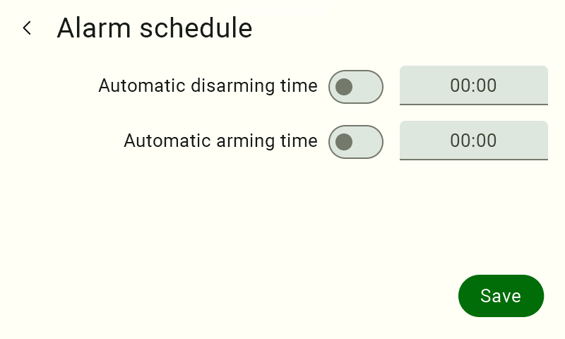 Screenshot of the default Alarm schedule screen with 'Automatic disarming time' and 'Automatic arming time' switches off and both times set to 00:00.