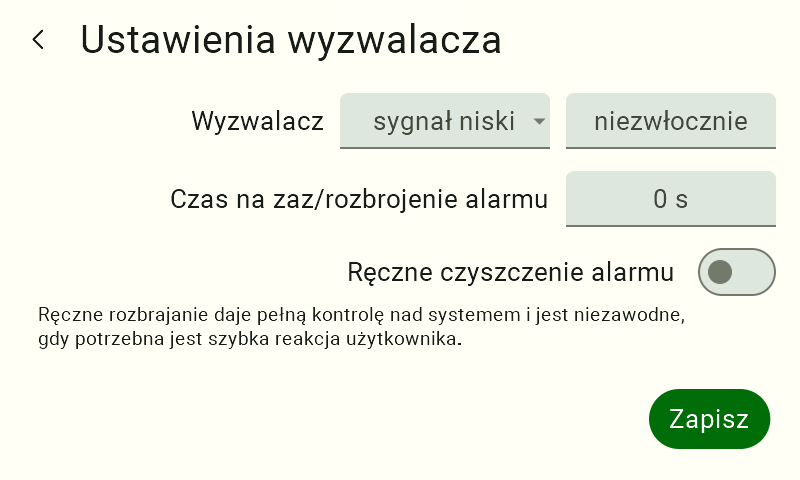 Menu "Ustawienia wyzwalacza". W dolnej części ekranu znajduje się szary, nieaktywny przełącznik z opisem "Ręczne czyszczenie alarmu". Taka konfiguracja oznacza, że alarm po jego wyzwoleniu nie zniknie samoczynnie (nawet jeśli przyczyna ustąpi) i aby przywrócić system do stanu normalnego, będzie wymagał od użytkownika ręcznego odwołania (skasowania) alarmu z poziomu panelu.