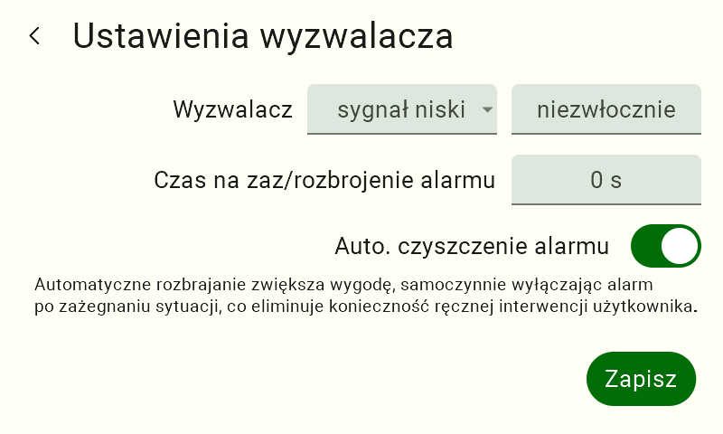 Menu "Ustawienia wyzwalacza" ze zmienioną logiką kasowania. Przełącznik na dole jest aktywny (świeci na zielono) i zmienił opis na "Auto. czyszczenie alarmu". W tej konfiguracji system samoczynnie zdejmie flagę alarmu, gdy tylko stan sygnału na wejściu cyfrowym wróci do normy (pożegnanie sytuacji), co eliminuje konieczność ręcznej interwencji. Wszelkie zmiany należy zachować klikając zielony przycisk "Zapisz".