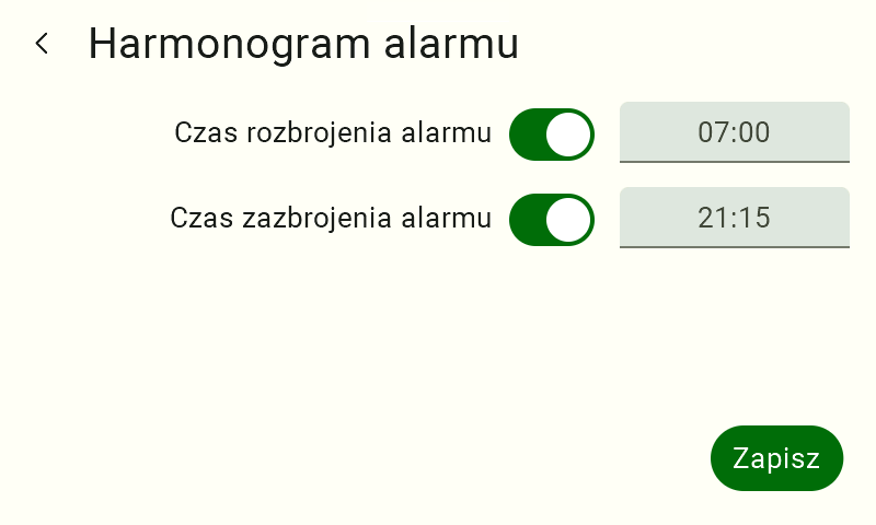 Ekran "Harmonogram alarmu" po poprawnej konfiguracji parametrów czasowych. Oba przełączniki zostały aktywowane (zmieniły kolor na zielony). "Czas rozbrojenia alarmu" ustawiono na godzinę "07:00", natomiast "Czas zazbrojenia alarmu" na "21:15". Oznacza to, że system zaprzestanie generowania alertów w ciągu dnia i automatycznie włączy pełne monitorowanie tego wejścia na czas nocny. Użytkownik musi kliknąć przycisk "Zapisz", aby wdrożyć ten harmonogram w życie.