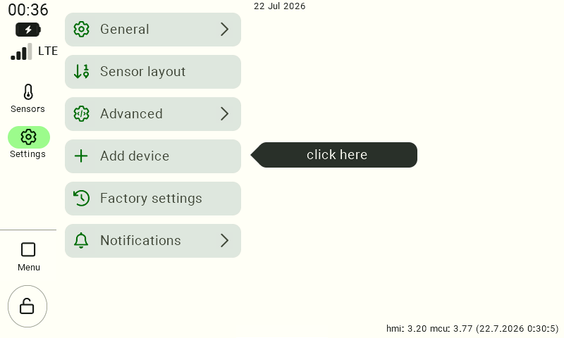 The app's menu screen with the "Settings" tab selected on the left and highlighted in green. The main section displays a list of available configuration options in the form of rectangular buttons: "General," "Sensor Layout," "Advanced," "Add Device," "Factory Settings," and "Notifications." Next to the "Advanced" button, a dark tooltip appears with the text "click here". (Note for the implementer: The tooltip in the screenshot points to the “Advanced” option, not “Add Device,” as mentioned in the instructions.)   