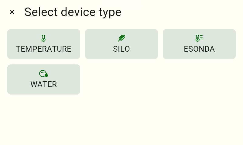 A screen with the heading "Select Device Type." Below are four rectangular selection tiles with corresponding icons. The available options are: "TEMPERATURE," "SILO," "ESONDA," and "WATER."  