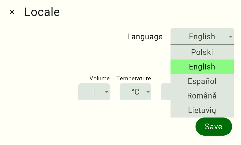 View of language and unit settings. In the upper-left corner is the label "Locale"; to the right of it is the label "Language," and to the right of that is a language selection tile displaying the currently selected language along with a drop-down list of other languages. Below that is the label “Units,” and beneath it, from left to right, are the labels “Volume,” “Temperature,” “Weight,” and “Distance.” Below each unit label is a panel for changing the unit, with the currently selected value displayed on each one.