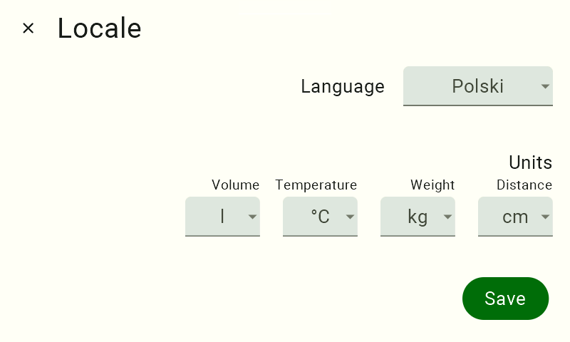 View of the language and units settings. In the upper-left corner is the label "Locale"; to the right of it is the label "Language," and to the right of that is a language-switch tile displaying the newly selected language. Below that is the label “Units,” and beneath it, from left to right, are the labels “Volume,” “Temperature,” “Weight,” and “Distance.” Below each unit label is a panel for changing the unit, and each panel displays the currently selected value.