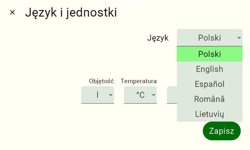 Widok ustawień języka i jednostek. W lewym górnym rogu jest podpis "Język i jednostki" po prawej stronie napis "Język" po jego prawej kafelek zmiany języka, na którym widnieje obecnie ustawiony język z rozwiniętą listą pozostałych języków. Poniżej napis "Jednostki", a pod nim kolejno od lewej napisy "Objętość", "Temperatura", "Waga", "Odległość". Pod każdym napisem jednostki jest panel jej zmiany, na każdym ustawiona jest obecnie ustawiona wartość.