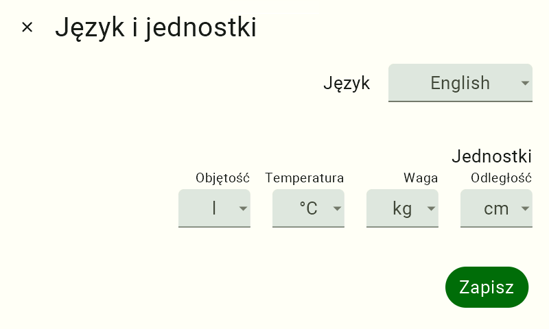Widok ustawień języka i jednostek. W lewym górnym rogu jest podpis "Język i jednostki" po prawej stronie napis "Język" po jego prawej kafelek zmiany języka, na którym widnieje nowo ustawiony język. Poniżej napis "Jednostki", a pod nim kolejno od lewej napisy "Objętość", "Temperatura", "Waga", "Odległość". Pod każdym napisem jednostki jest panel jej zmiany, na każdym ustawiona jest obecnie ustawiona wartość.