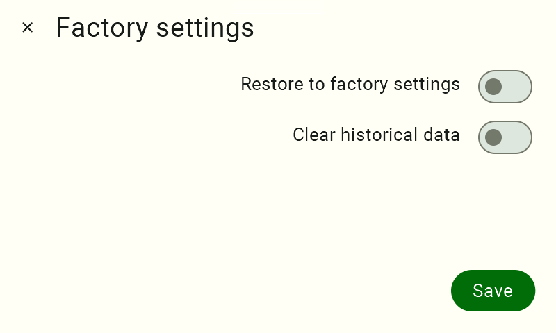 A view of the factory reset panel. There are two checkboxes labeled "Restore to Factory Settings" and "Clear History," and a "Save" button. The checkboxes are unchecked.