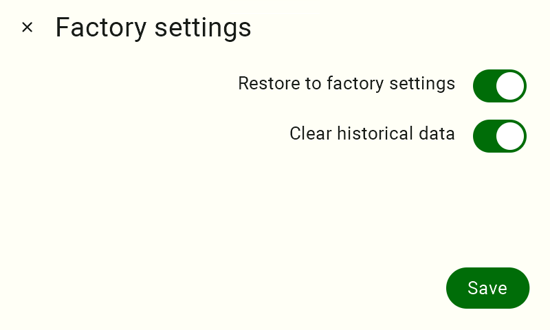 A view of the factory reset panel. There are two checkboxes—"Restore to Factory Settings" and "Clear History"—and a "Save" button. The checkboxes are selected.