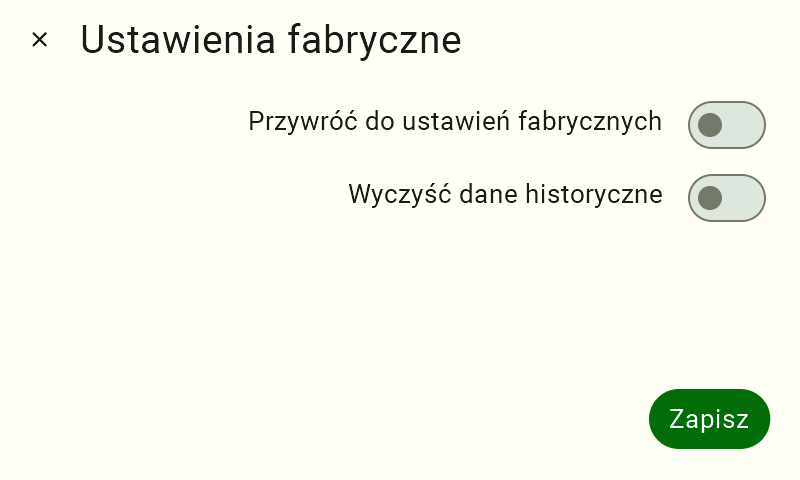 Widok panelu przywracania do ustawień fabrycznych. Są dwa przełączniki "Przywróć do ustawień fabrycznych" i "Wyczyść dane historyczne" i przycisk "Zapisz". Przełączniki są odznacozne.