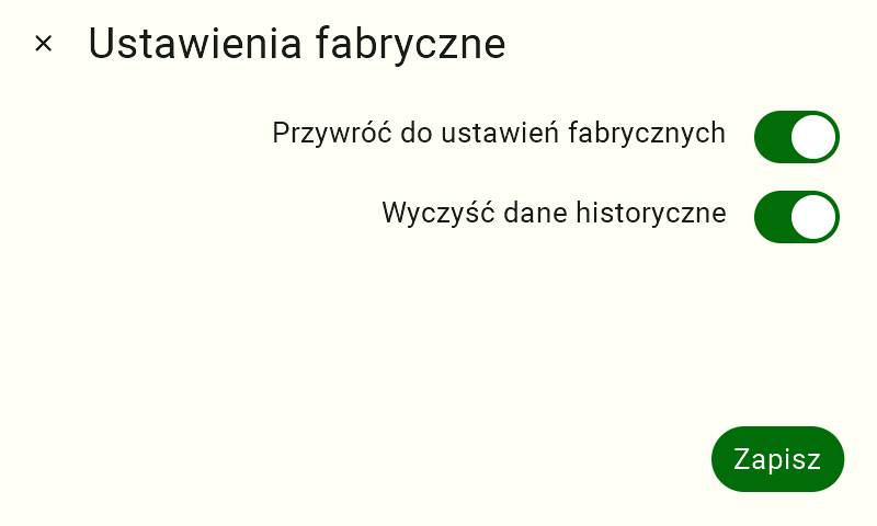 Widok panelu przywracania do ustawień fabrycznych. Są dwa przełączniki "Przywróć do ustawień fabrycznych" i "Wyczyść dane historyczne" i przycisk "Zapisz". Przełączniki są zaznacozne.