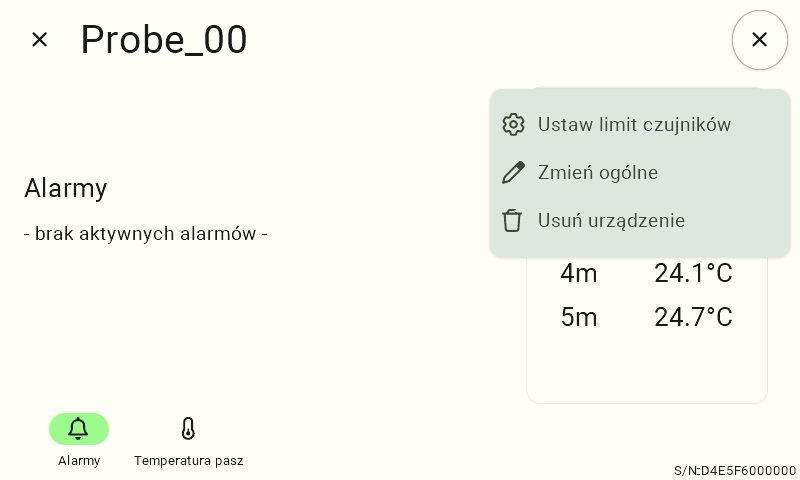 Ekran zakładki "Alarmy" dla "Probe_00" z otwartym menu rozwijanym po kliknięciu w ikonę zębatki. Menu wyświetla trzy opcje do wyboru: "Ustaw limit czujników" (ikona trybiku), "Zmień ogólne" (ikona ołówka) oraz "Usuń urządzenie" (ikona kosza na śmieci).