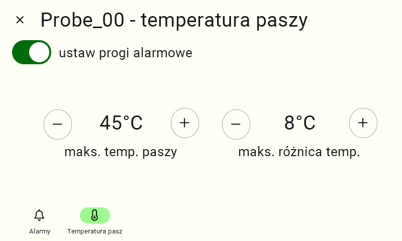 Ekran "Probe_00 - temperatura paszy" z włączonym, zielonym przełącznikiem "ustaw progi alarmowe". Poniżej pojawiły się dwa panele do regulacji wartości za pomocą przycisków plus i minus. Pierwszy panel to "maks. temp. paszy" z ustawioną wartością 45°C. Drugi panel to "maks. różnica temp." z ustawioną wartością 8°C.