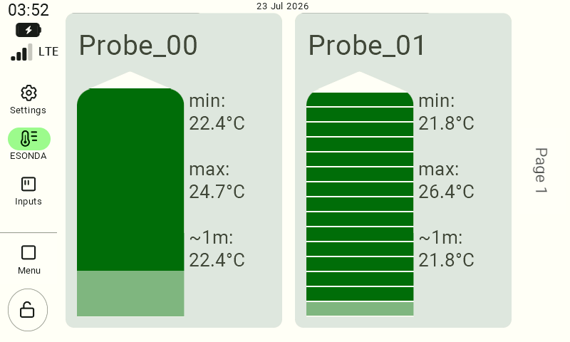 The FarmWatch Pro app’s home screen. On the left is the navigation menu with the “ESONDA” tab selected. The main part of the screen displays two tiles representing silos: “Probe_00” and “Probe_01.” Each tile graphically displays the feed level using green and shows numerical data: the minimum and maximum temperatures, as well as the approximate temperature at a specific depth.   