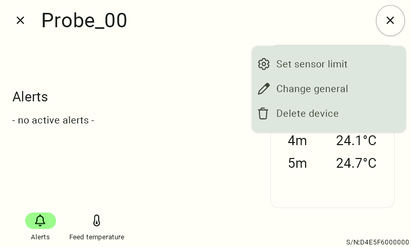 The "Alarms" tab screen for "Probe_00" with the drop-down menu open after clicking the gear icon. The menu displays three options to choose from: "Set Sensor Limits" (gear icon), "Edit General Settings" (pencil icon), and "Delete Device" (trash can icon). 