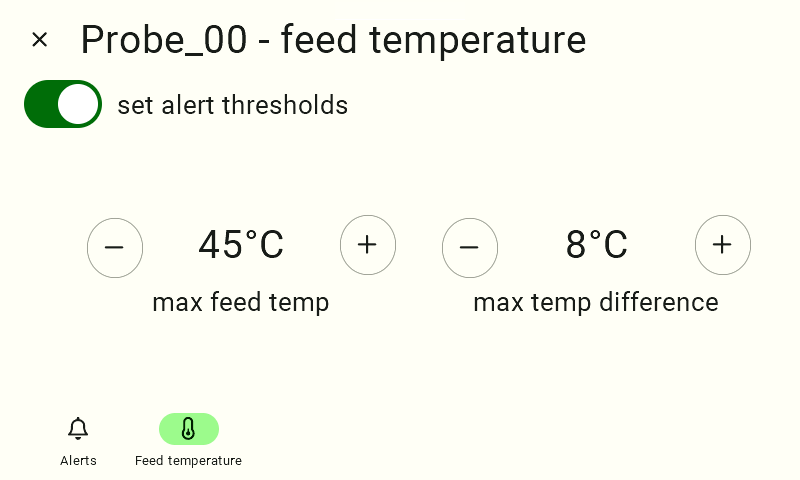 The "Probe_00 - Feed Temperature" screen with the green "Set Alarm Thresholds" switch turned on. Below, two panels have appeared for adjusting the values using the plus and minus buttons. The first panel is “Max. Feed Temp.” with a set value of 45°C. The second panel is “Max. Temp. Difference” with a set value of 8°C.   