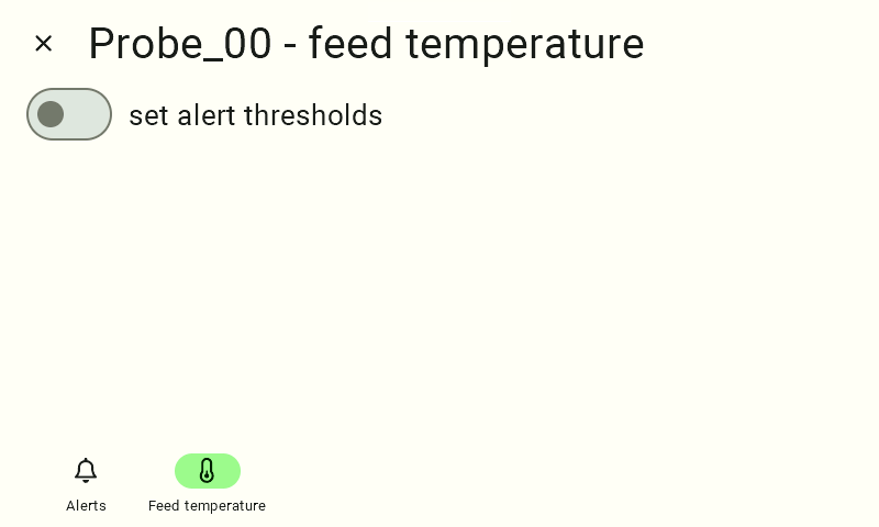 The "Probe_00 - Feed Temperature" screen. At the top is a gray, inactive slider labeled “Set Alarm Thresholds.” The rest of the screen is blank. On the bottom navigation bar, the “Feed Temperature” icon is active and highlighted in green.   