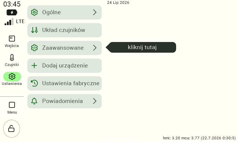 Ekran menu aplikacji z wybraną po lewej stronie, podświetloną na zielono zakładką "Ustawienia". W głównej części widoczna jest lista dostępnych opcji konfiguracyjnych w formie prostokątnych przycisków: "Ogólne", "Układ czujników", "Zaawansowane", "Dodaj urządzenie", "Ustawienia fabryczne" oraz "Powiadomienia". Obok przycisku "Zaawansowane" wyświetla się ciemny dymek ze wskaźnikiem (tooltip) z napisem "kliknij tutaj". (Uwaga dla wdrażającego: dymek na zrzucie wskazuje opcję "Zaawansowane", a nie "Dodaj urządzenie", o którym mówi instrukcja).