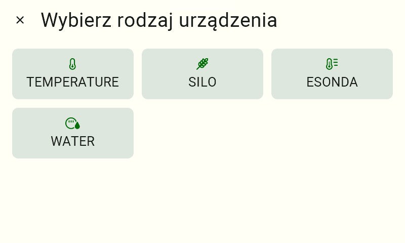 Ekran z nagłówkiem "Wybierz rodzaj urządzenia". Poniżej znajdują się cztery prostokątne kafelki wyboru z przypisanymi do nich ikonami. Dostępne warianty to: "TEMPERATURE", "SILO", "ESONDA" oraz "WATER".