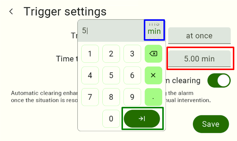 Screenshot of the same numeric keypad after entering the value, now showing the updated '5.00 min' field highlighted in red, ready to confirm the change with the green arrow button.