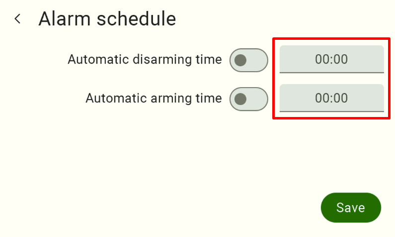 Screenshot of the Alarm schedule screen with the two time fields (00:00 / 00:00) highlighted in red, showing where to tap to set the schedule times.
