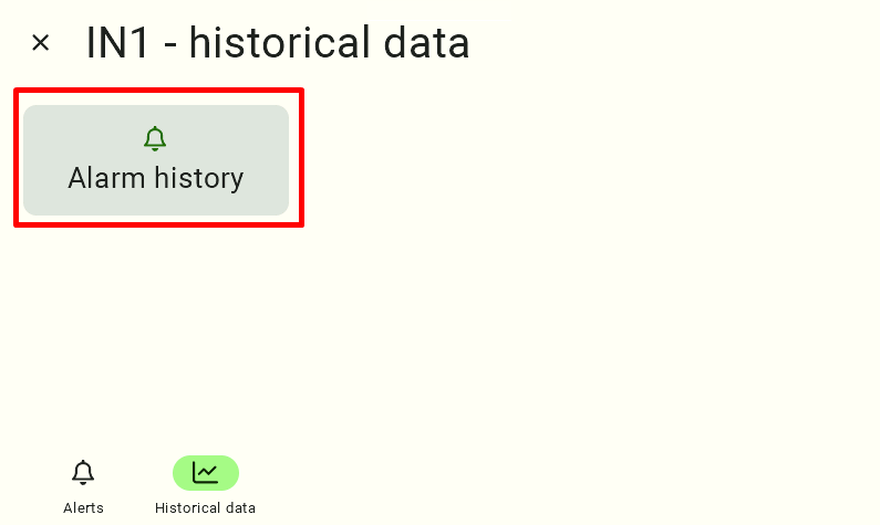 Screenshot of the IN1 historical data screen with the 'Alarm history' tile highlighted in red.
