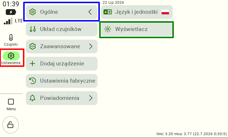 Widok ustawień centrali FarmWatch Pro. W lewym menu wybrano sekcję „Ustawienia”, następnie kategorię „Ogólne”. Po prawej stronie widoczne są opcje „Język i jednostki” oraz „Wyświetlacz”, który został wyróżniony zieloną ramką i służy do konfiguracji jasności oraz motywu ekranu.