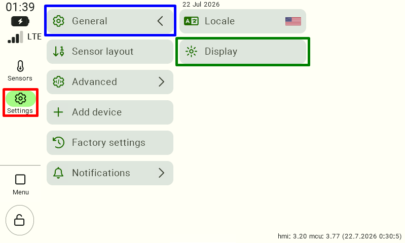 A view of the FarmWatch Pro control panel settings. In the left-hand menu, the “Settings” section has been selected, followed by the “General” category. On the right side, you can see the “Language and Units” and “Display” options; the “Display” option is highlighted with a green border and is used to configure the screen brightness and theme.