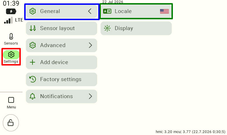 A view of the FarmWatch Pro control panel settings. In the left-hand menu, the “Settings” section has been selected, followed by the “General” category. On the right side, you can see the “Language and Units” and “Display” options; the “Locale” option is highlighted with a green border and is used to change the language and units.