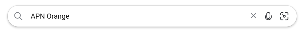 Widok paska wyszukiwania Google, w środku wpisane jest "APN Orange".