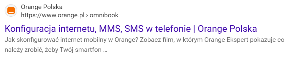 Widok przejścia do strony Orange Polska z Google.