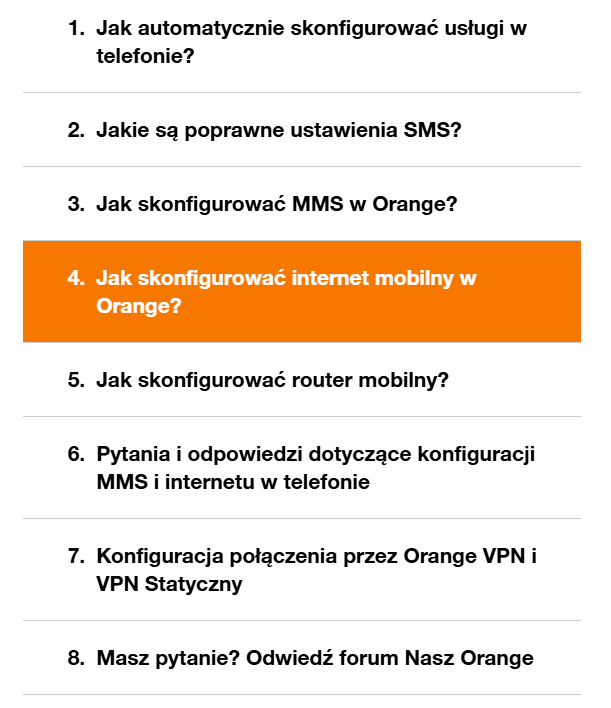 Widok zakładek na stronie Orange Polska.