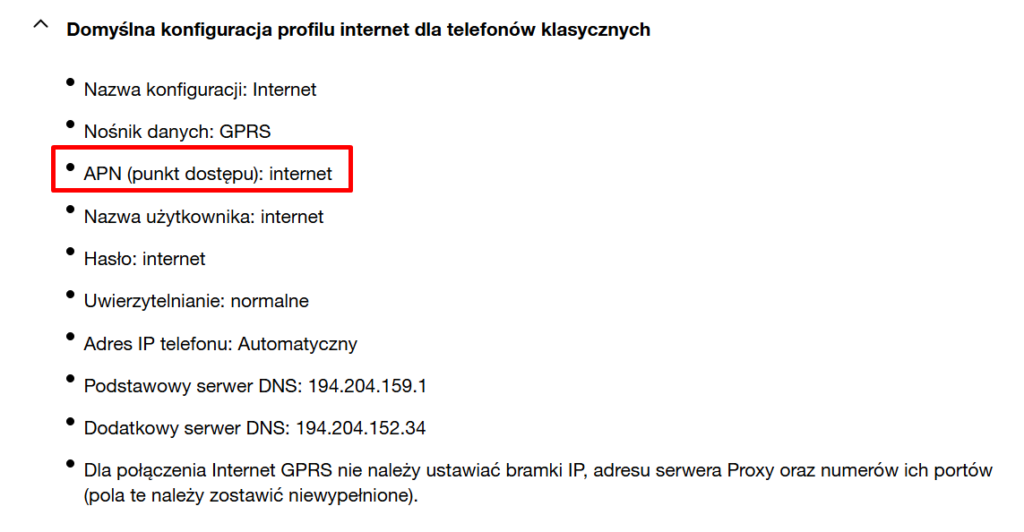 Widok zakładki 4. Jak skonfigurować internet mobilny w Oragne? Widnieje "Domyślna konfiguracja profilu internet dla telefonów klasycznych" w nim zaznaczona nazwa APN.