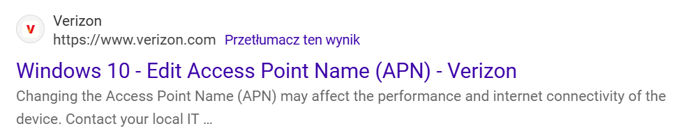 Widok przejścia do strony Verizon z Google.