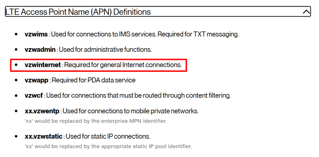 Zakładka LTE Access Point Name (APN) Definitions na stronie Verizon. Zaznaczony jest vzwintenet czyli nazwa APN dla połączeń internetowych.