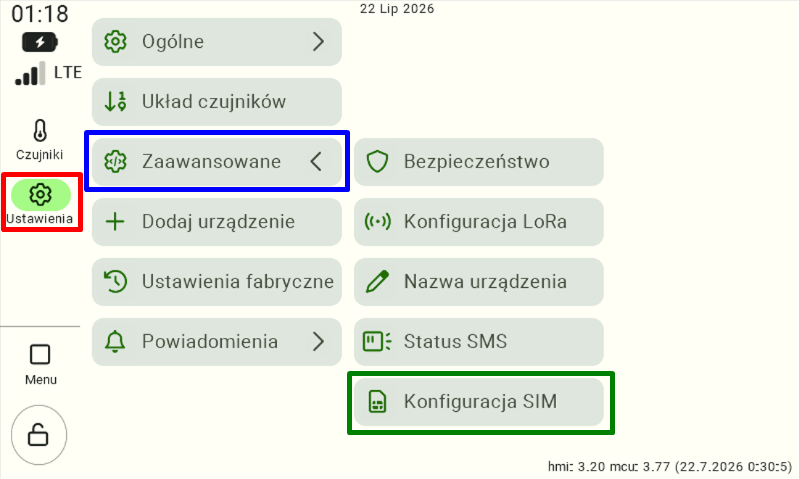 Panel FarmWatch Pro. W lewym menu zaznaczone są Ustawienia, w nich Zaawansowane, a w nich Konfiguracja SIM. Użytkownik do wprowadzenia nowej nazwy APN musi wejść w Konfiguracja SIM.