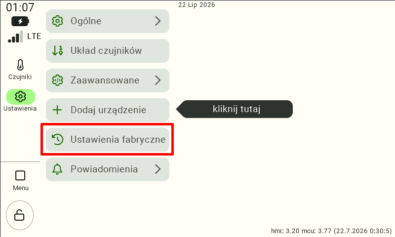 Widok ustawień centrali FarmWatch Pro. W lewym menu wybrano sekcję „Ustawienia”, następnie kategorię „Ustawienia fabryczne".