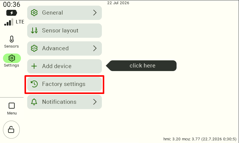 A view of the FarmWatch Pro control unit settings. In the left-hand menu, the "Settings" section has been selected, followed by the "Factory Settings" category.