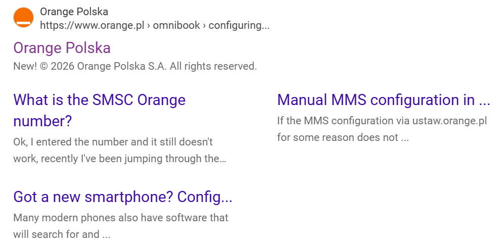 A screenshot of the page leading to Orange Polska from Google.