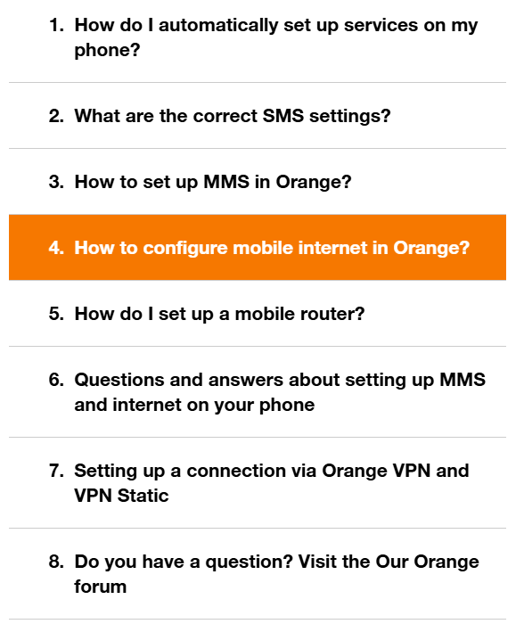 A view of the tabs on the Orange Polska website.