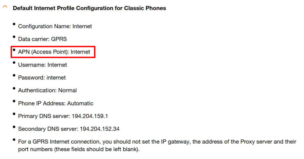 View of tab 4. How do I set up mobile internet on Oragne? It says "Default internet profile configuration for classic phones," and the APN name is selected there.
