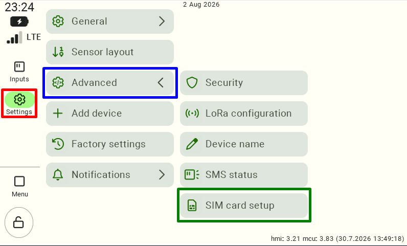 FarmWatch Pro dashboard. In the left-hand menu, select "Settings," then "Advanced," and then "SIM Configuration." To enter a new APN name, the user must go to "SIM Configuration."
