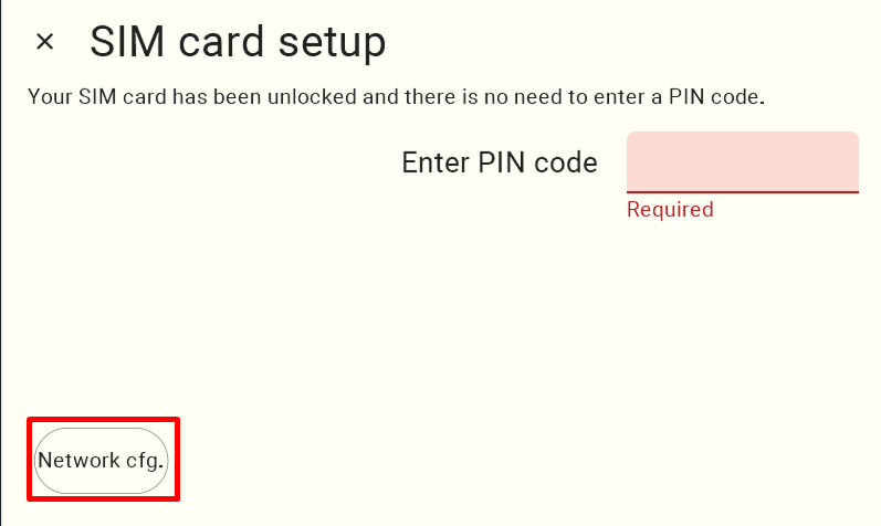 SIM configuration screen. At the top is information about the card's unlock status. To the right is a field for entering the PIN. In the lower-left corner is a button for network settings. The user must click it to access additional settings.