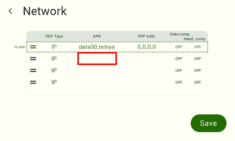 A view of a network table showing, in order, "PDP Type," "APN," "PDP Address," "Data Component," and "Header Component."