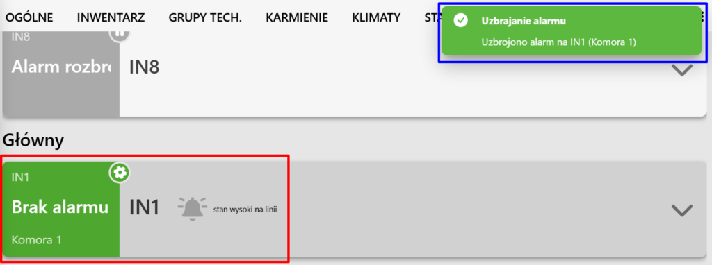 Zdjęcie zakładki "WEJŚCIA CYFROWE" na platformie Fetura CLOUD. Na zdjęciu widać panel wejścia IN1 i panel potwierdzenia uzbrojenia alarmu.