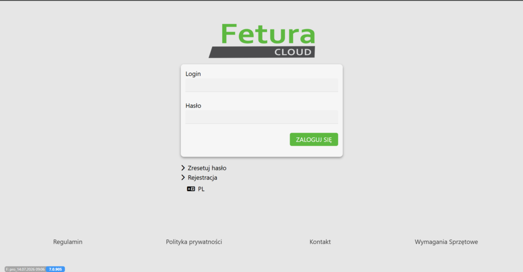 Ekran logowania do platformy internetowej Fetura Cloud. Użytkownik musi wpisać swój identyfikator w polu "Login" oraz hasło w polu "Hasło", a następnie kliknąć duży, zielony przycisk "ZALOGUJ SIĘ", aby wejść do systemu.