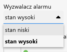 Na zdjęciu widać w panelu konfiguracji alarmu sekcję "Wyzwalacz alarmu".