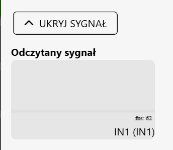 Na zdjęciu widać w panelu konfiguracji alarmu otwartą sekcję "Pokaż sygnał", "Pokaż sygnał" zmienione jest na "Ukryj sygnał". Widoczny jest przebieg sygnały w trybie niskim, z podpisem nad przebiegiem "Odczytany sygnał".