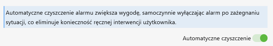 Na zdjęciu widać w panelu konfiguracji alarmu sekcję "Typ czyszczenia alarmu" z zaznaczoną opcją "Automatyczne czyszczenie".