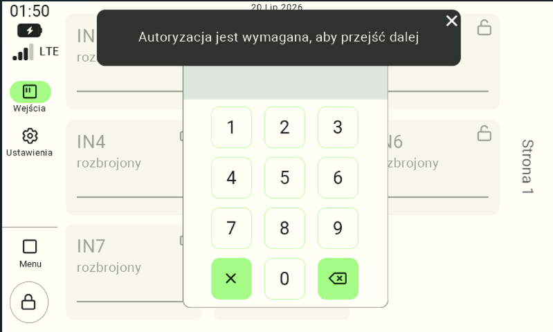 Okno wyskakujące z monitem o treści "Autoryzacja jest wymagana, aby przejść dalej". System w ramach zabezpieczeń wymaga wpisania kodu PIN na wysuniętej klawiaturze numerycznej, zanim pozwoli użytkownikowi na zmianę statusu (uzbrojenie) alarmu na wejściu cyfrowym.