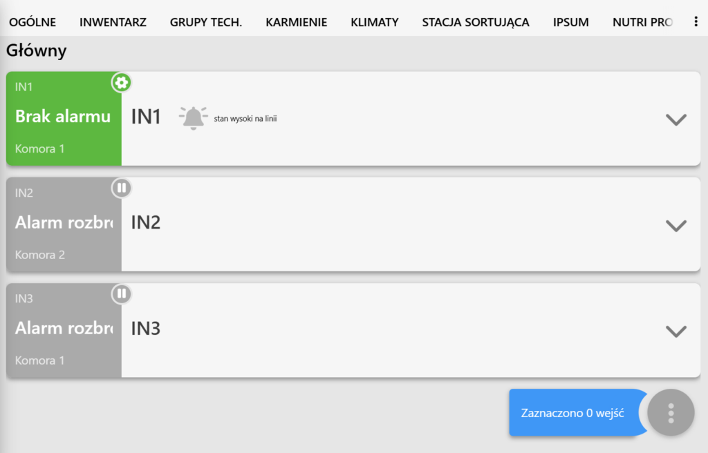 Zdjęcie zakładki "WEJŚCIA CYFROWE" na platformie Fetura CLOUD. Na zdjęciu widać:
Na górze - pasek nawigacyjny,
Na środku - panele zarządzania wejściami cyfrowymi (widać trzy),
Na dole - Informacja o ilości zaznaczonych paneli wejść i trzy kropki.